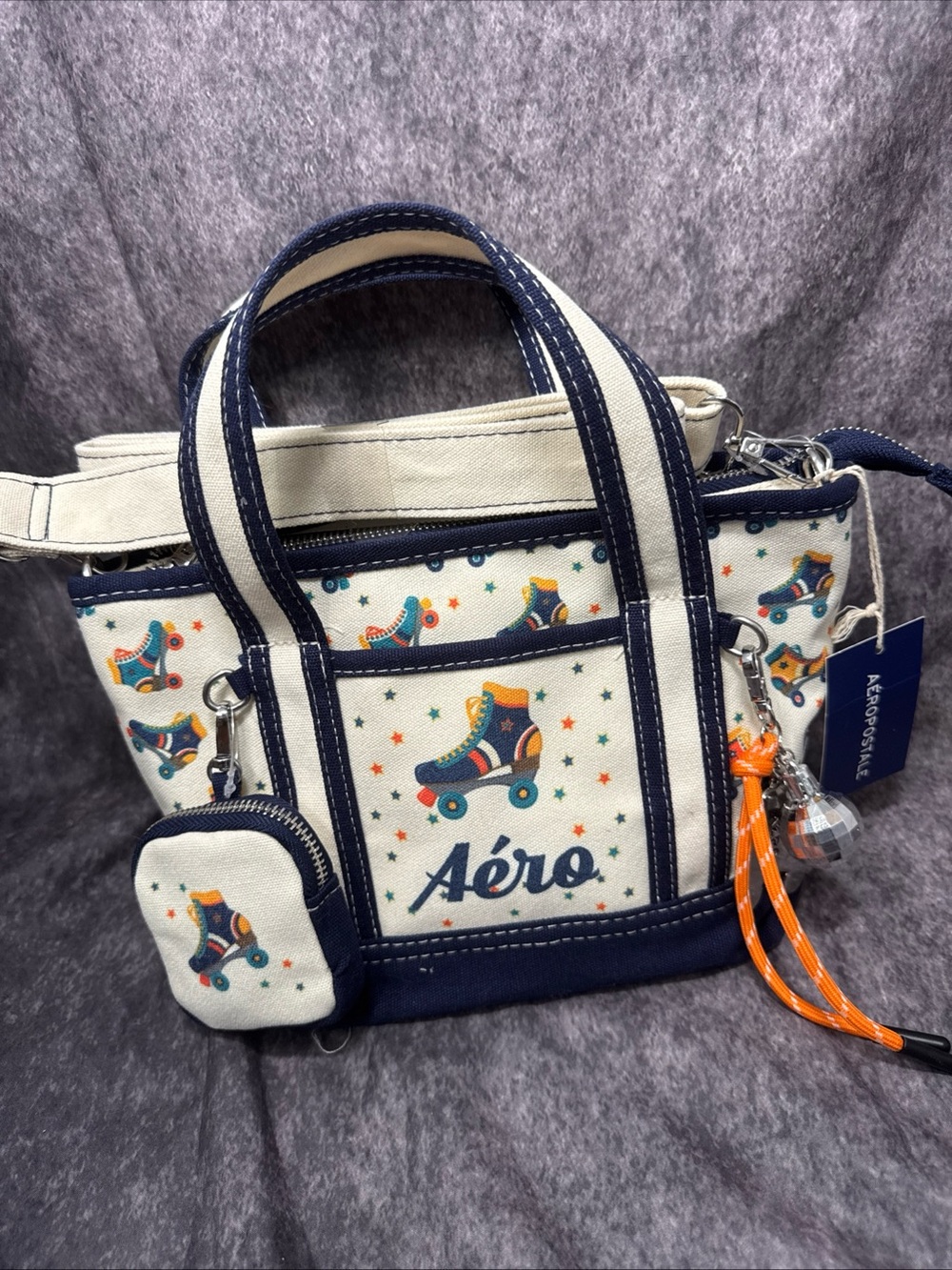 Aéropostale Roller Skate Print Tote Bag - Coin Purse, Charm, Crossbody Strap new